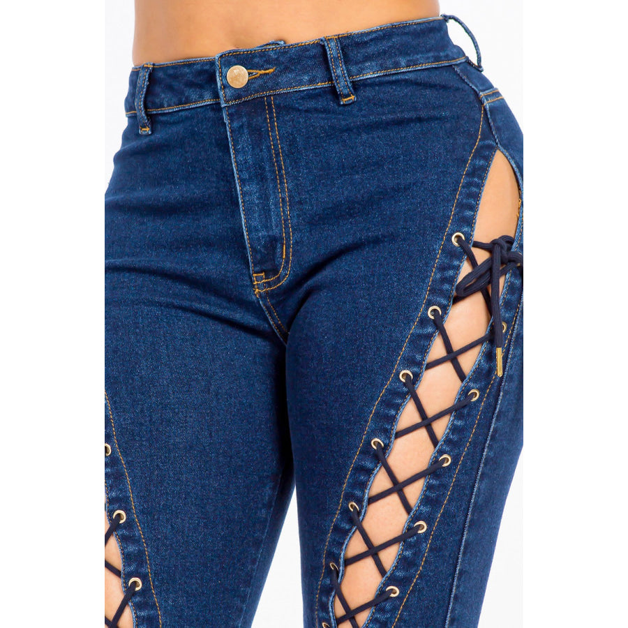 American Bazi High Rise Lace Up Jeans Apparel and Accessories