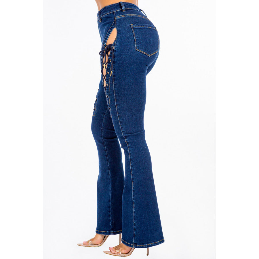 American Bazi High Rise Lace Up Jeans Apparel and Accessories