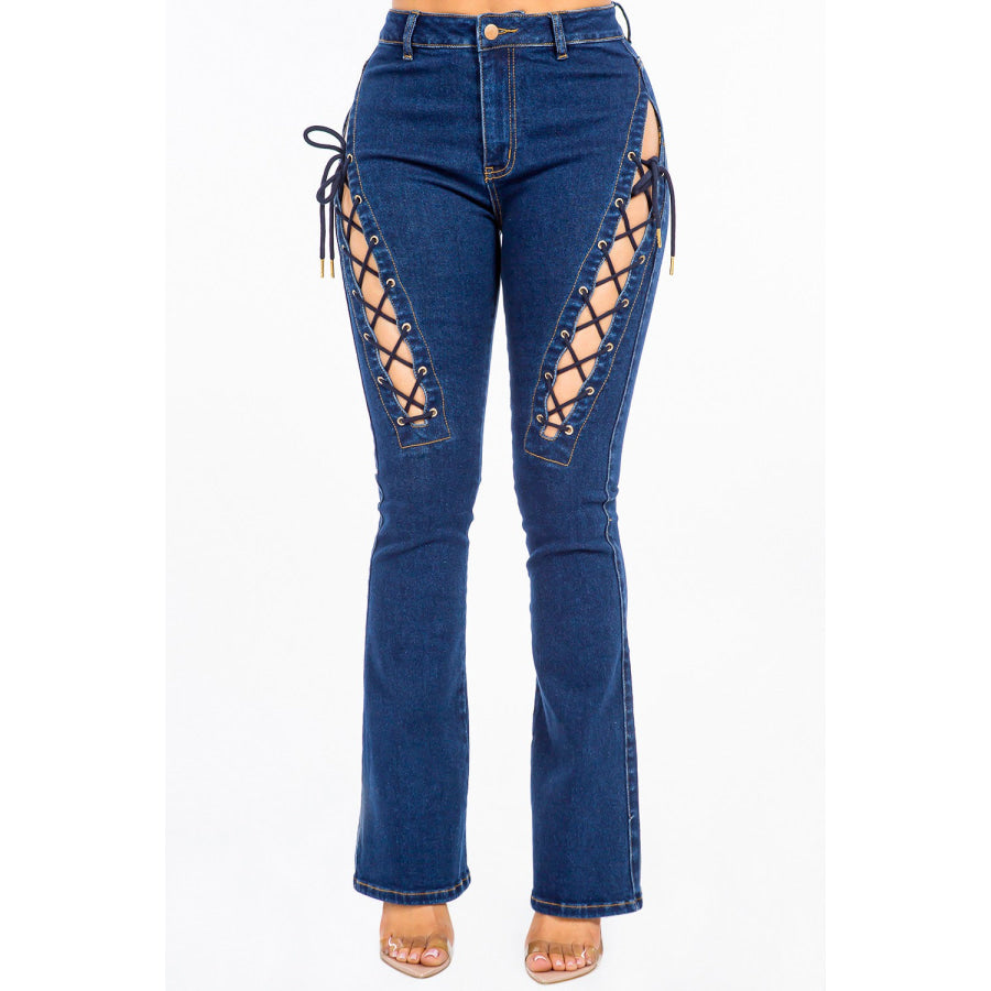 American Bazi High Rise Lace Up Jeans DK Blue / S Apparel and Accessories