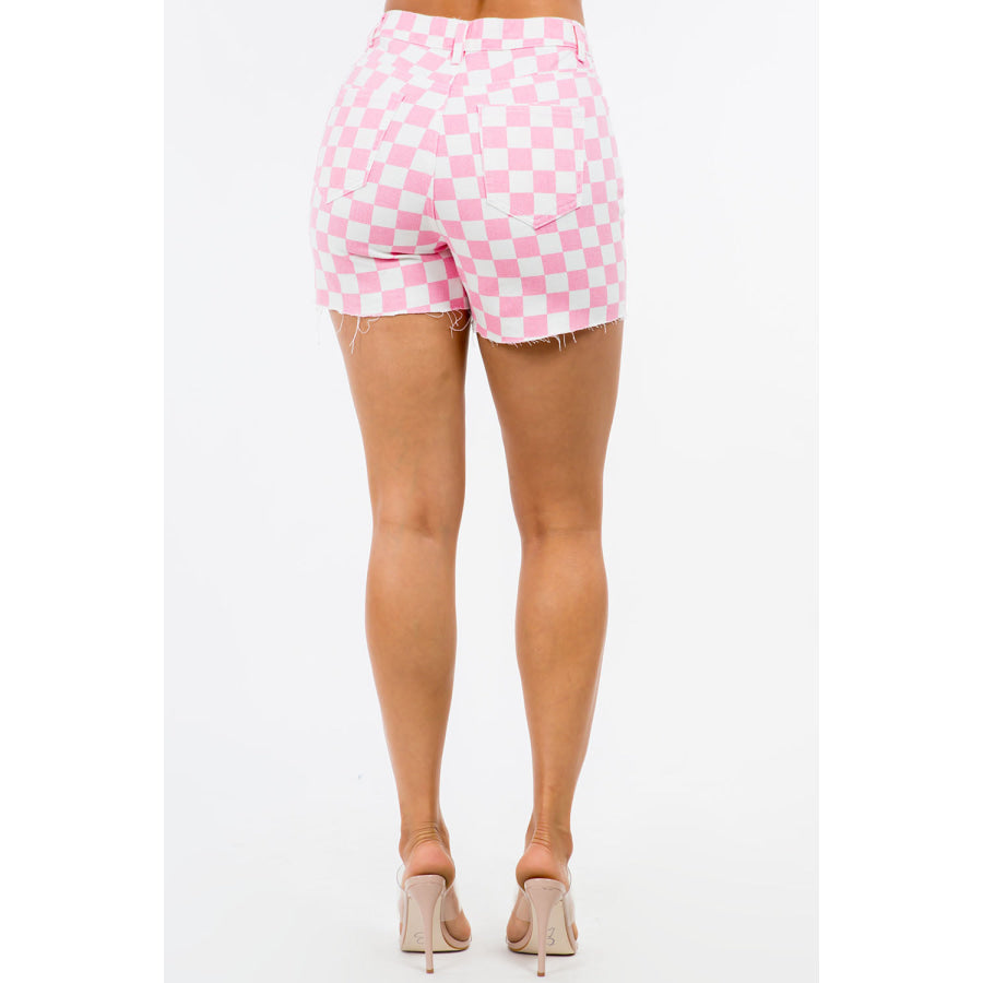American Bazi High Waist Contrast Checkered Shorts Pink/Combo / S Apparel and Accessories