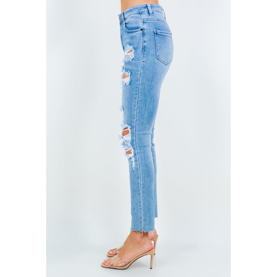 American Bazi High Waist Destroyed Straight Jeans Apparel and Accessories