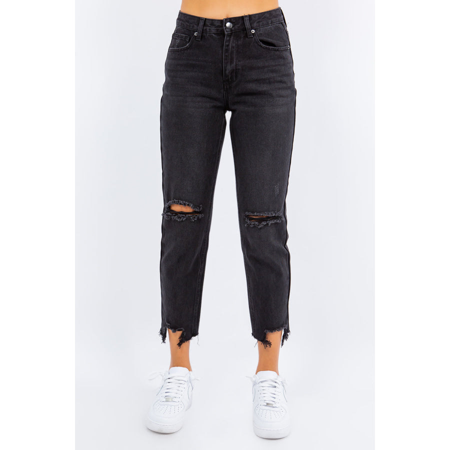 American Bazi High Waist Distressed Cropped Straight Jeans Black / S Apparel and Accessories