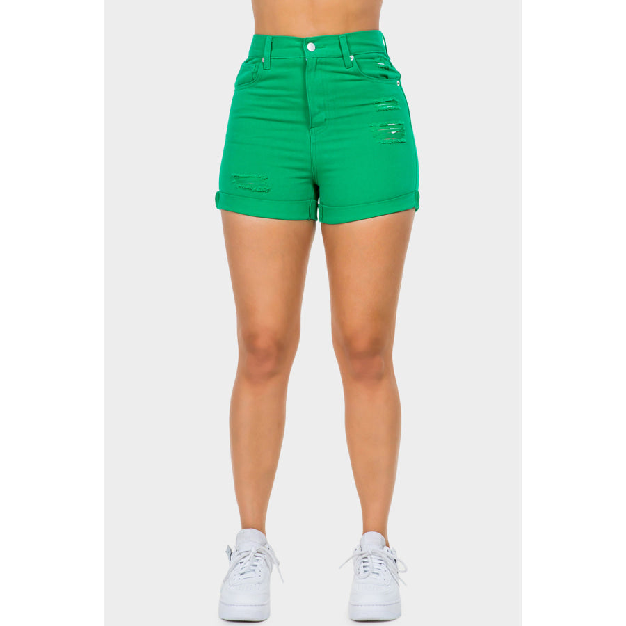 American Bazi High Waist Distressed Denim Shorts Green / S Apparel and Accessories