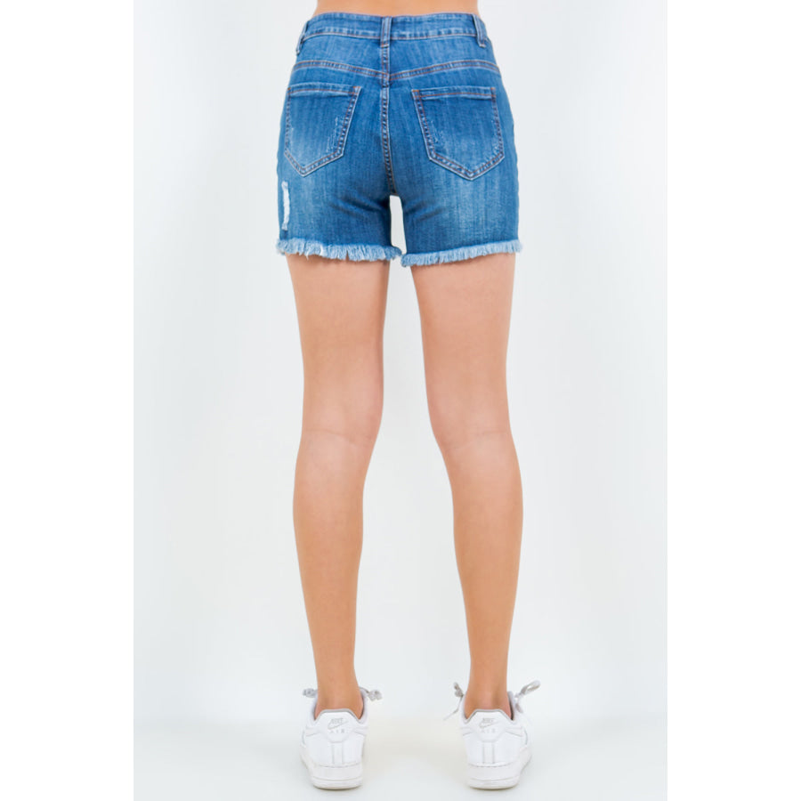 American Bazi High Waist Distressed Frayed Denim Shorts Blue / S Apparel and Accessories