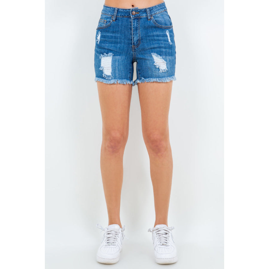 American Bazi High Waist Distressed Frayed Denim Shorts Blue / S Apparel and Accessories