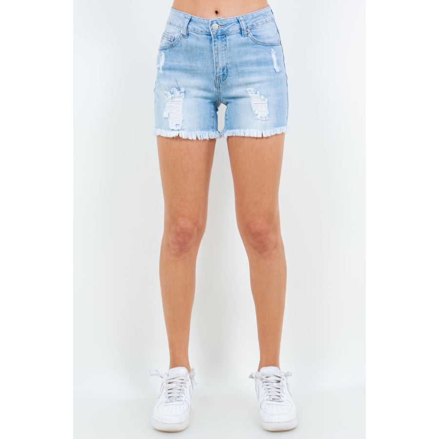 American Bazi High Waist Distressed Frayed Denim Shorts Blue / S Apparel and Accessories