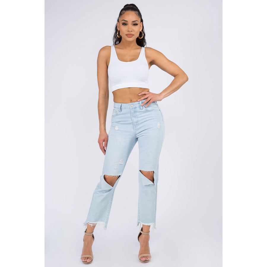 American Bazi High Waist Distressed Raw Hem Jeans Apparel and Accessories