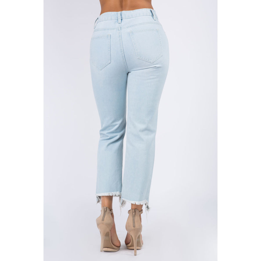 American Bazi High Waist Distressed Raw Hem Jeans Apparel and Accessories