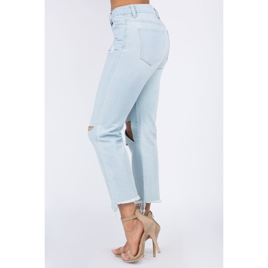 American Bazi High Waist Distressed Raw Hem Jeans Apparel and Accessories