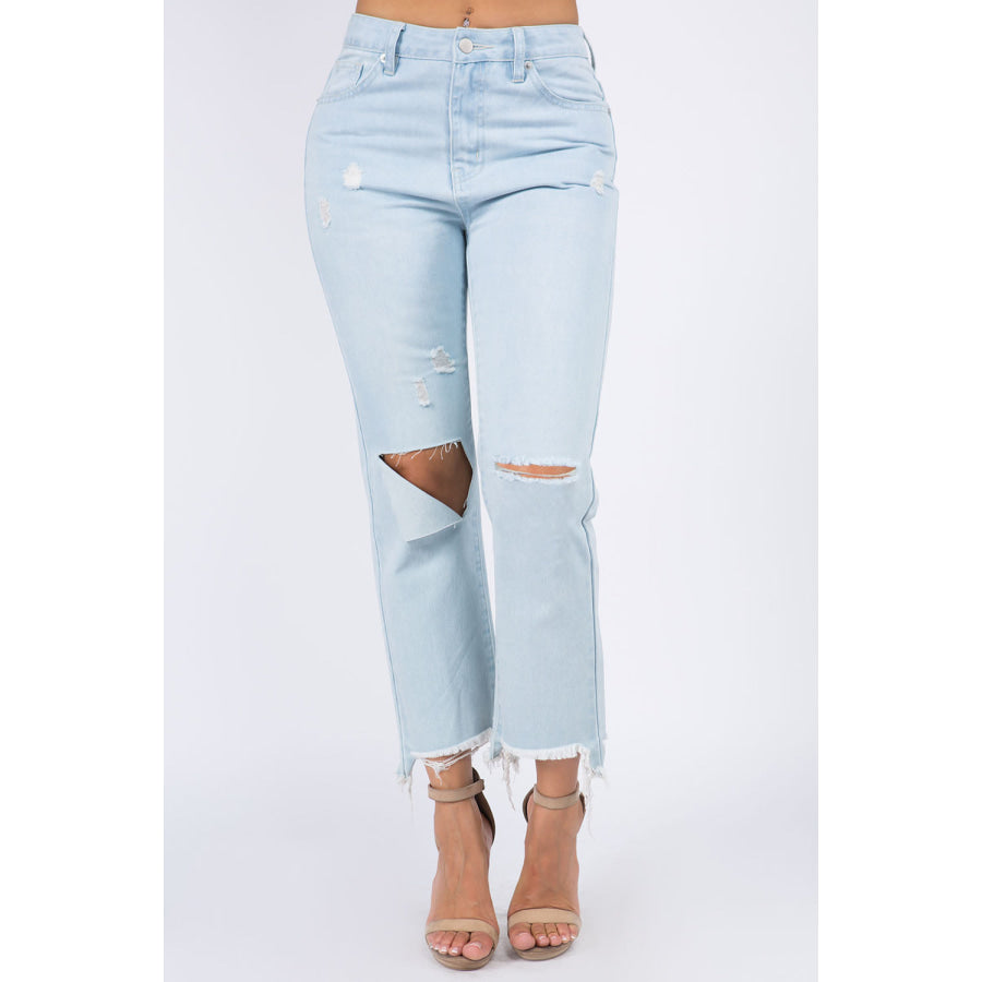 American Bazi High Waist Distressed Raw Hem Jeans Lt.Blue / 1 Apparel and Accessories