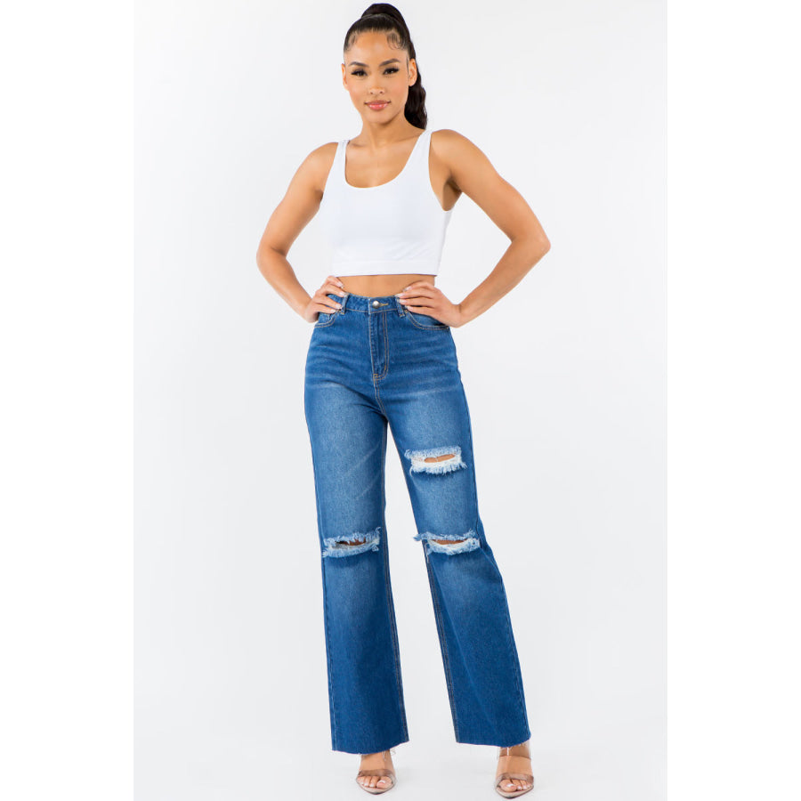 American Bazi High Waist Distressed Wide Leg Jeans Blue / 1 Apparel and Accessories