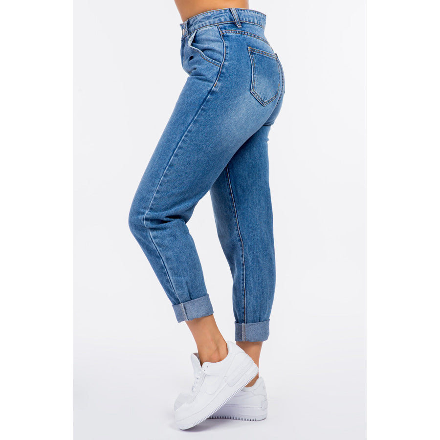 American Bazi High Waist Pleated Waist Mom Jeans Apparel and Accessories