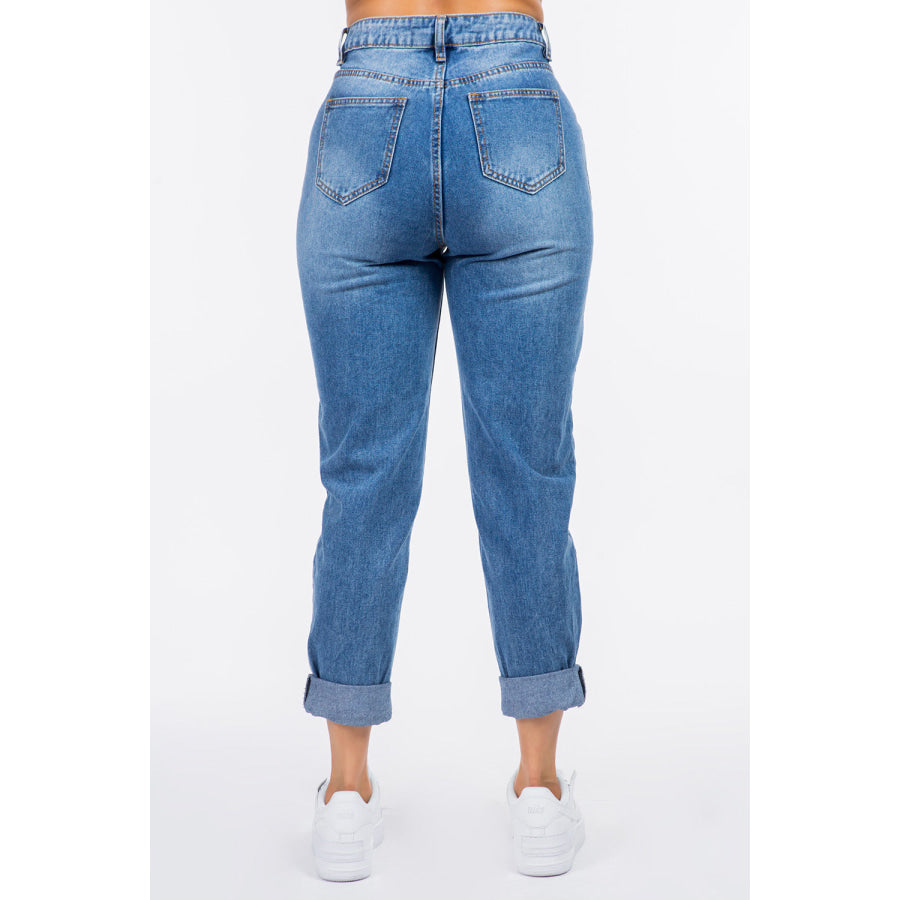 American Bazi High Waist Pleated Waist Mom Jeans Apparel and Accessories