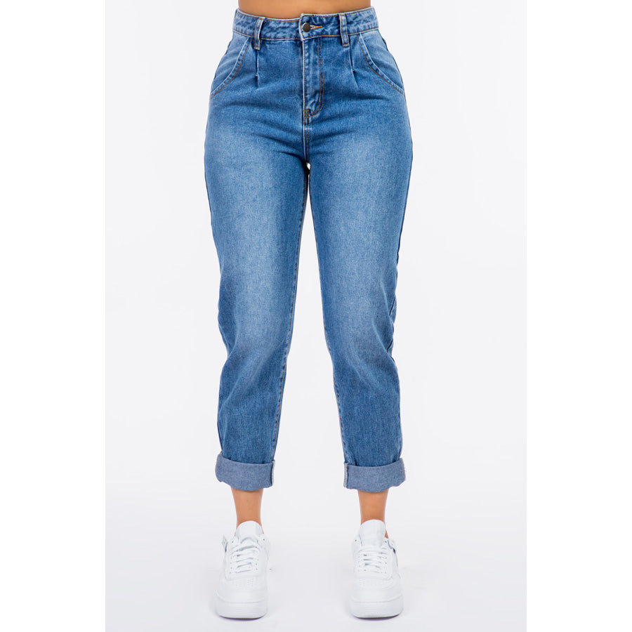 American Bazi High Waist Pleated Waist Mom Jeans Blue / S Apparel and Accessories