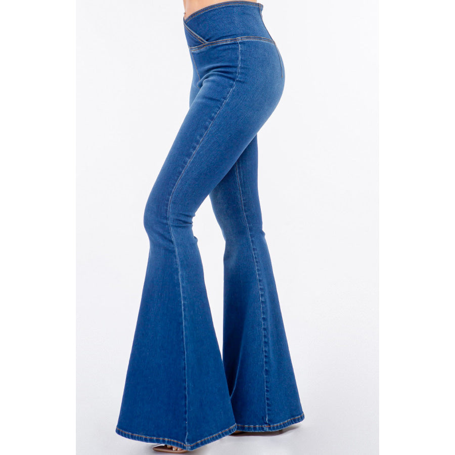 American Bazi High Waist Pull On Flare Jeans Blue / S Apparel and Accessories