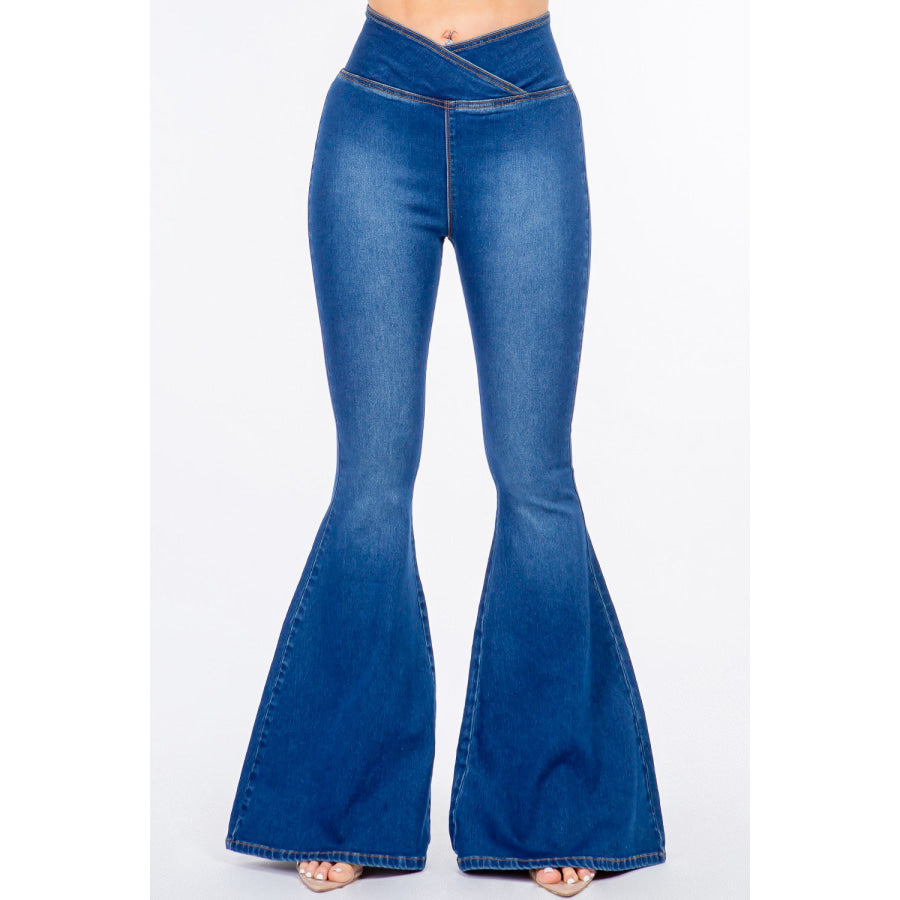 American Bazi High Waist Pull On Flare Jeans Blue / S Apparel and Accessories