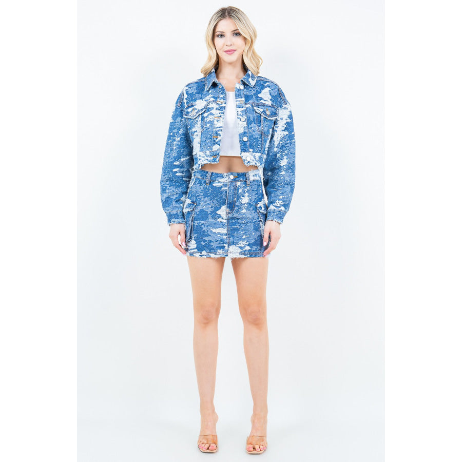 American Bazi Jacquard Trim Cropped Denim Jacket Apparel and Accessories