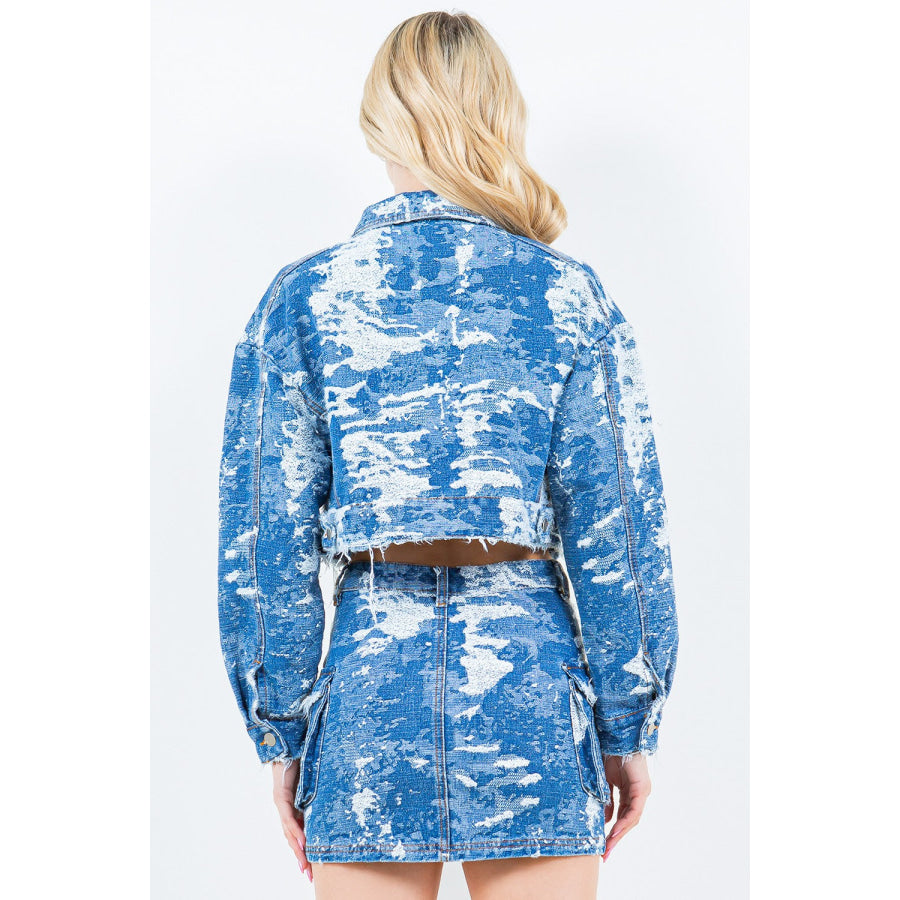 American Bazi Jacquard Trim Cropped Denim Jacket Apparel and Accessories