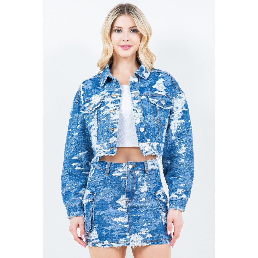 American Bazi Jacquard Trim Cropped Denim Jacket Blue Combo / S Apparel and Accessories