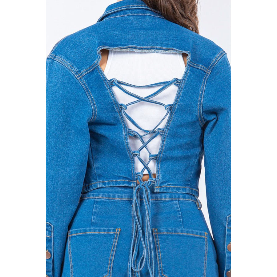 American Bazi Laced Back Cropped Denim Jacket Apparel and Accessories