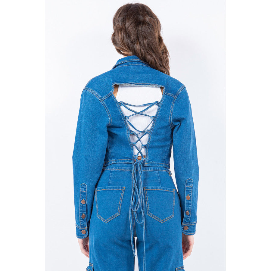 American Bazi Laced Back Cropped Denim Jacket Apparel and Accessories