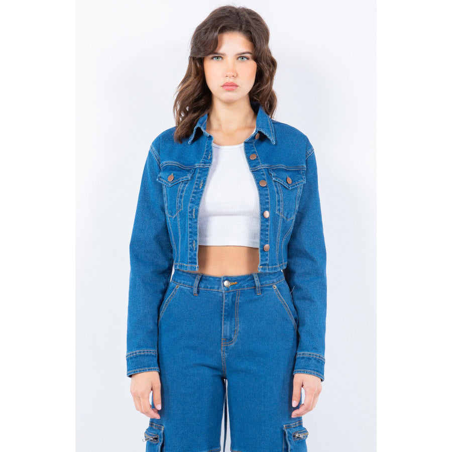 American Bazi Laced Back Cropped Denim Jacket Blue / S Apparel and Accessories