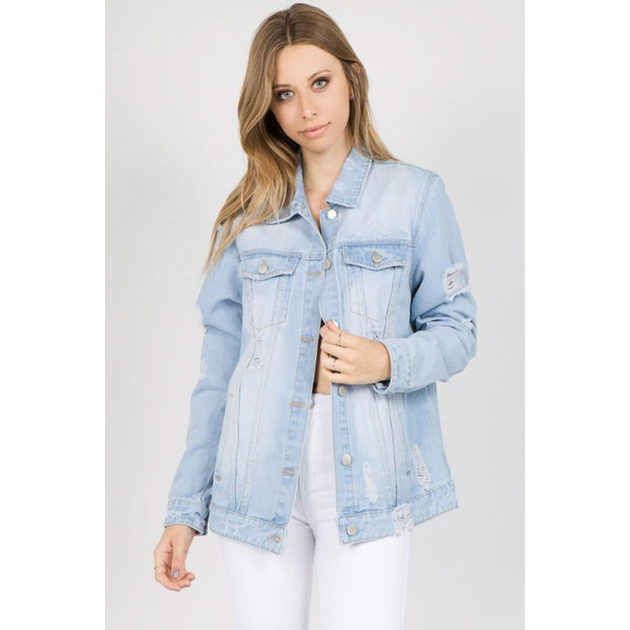 American Bazi Letter Patched Distressed Denim Jacket Light Blue / S Apparel and Accessories