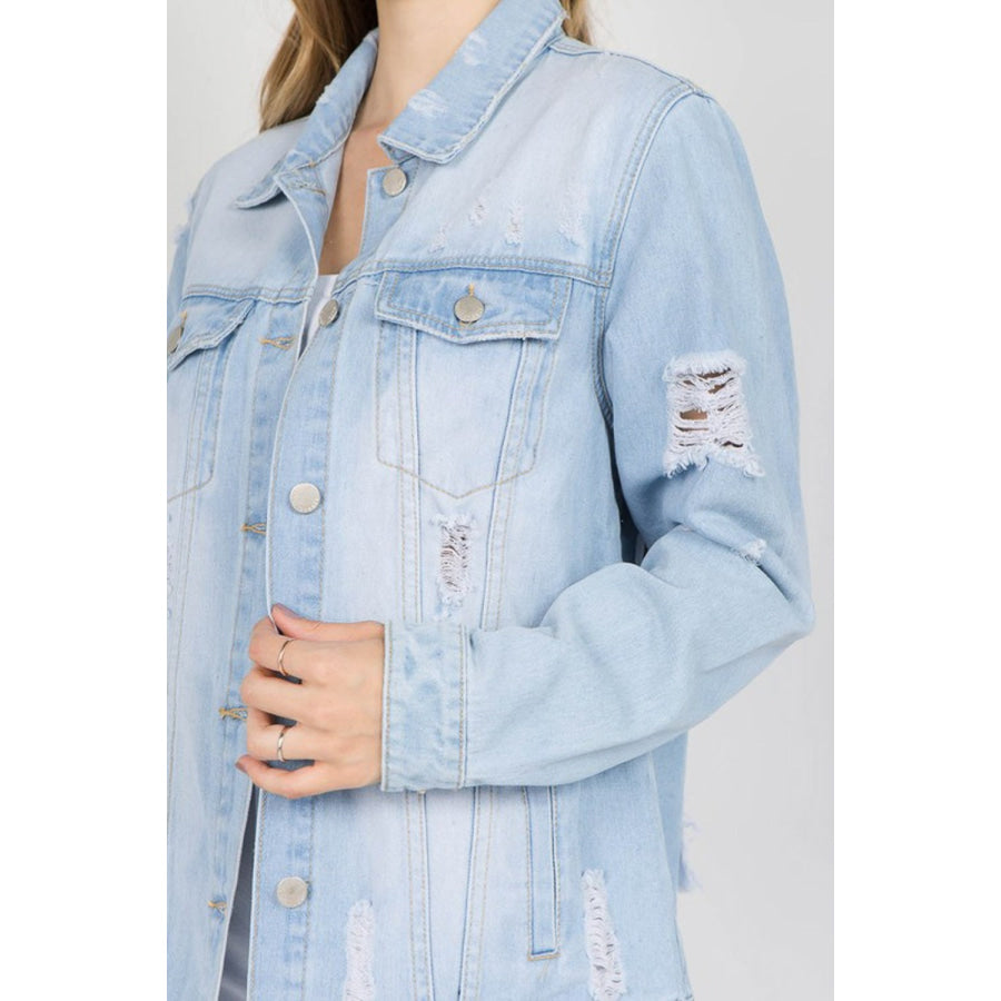 American Bazi Letter Patched Distressed Denim Jacket Apparel and Accessories