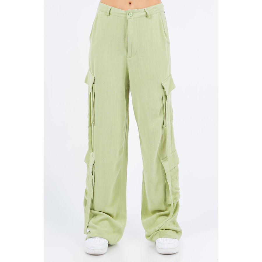 American Bazi Linen Wide Leg Cargo Pants Sage / S Apparel and Accessories