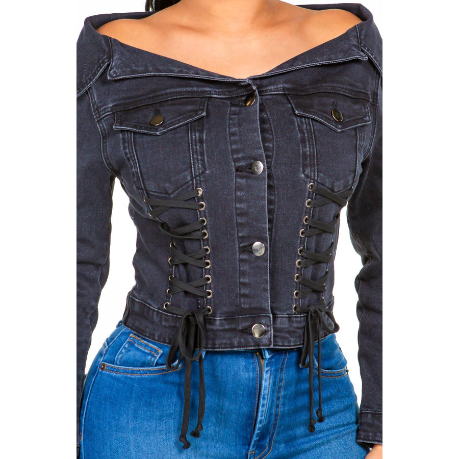 American Bazi Off Shoulder Lace Up Denim Jacket Apparel and Accessories