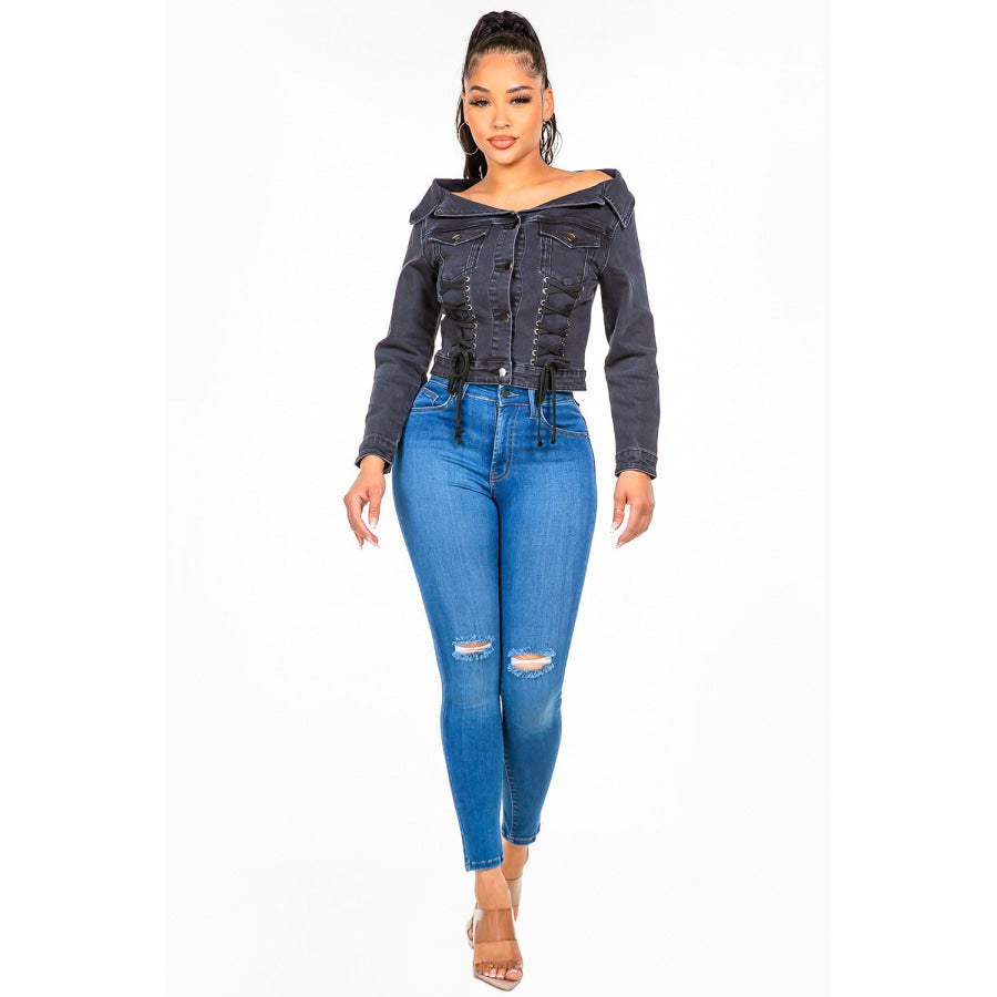 American Bazi Off Shoulder Lace Up Denim Jacket Apparel and Accessories