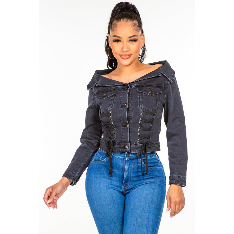 American Bazi Off Shoulder Lace Up Denim Jacket Black / S Apparel and Accessories