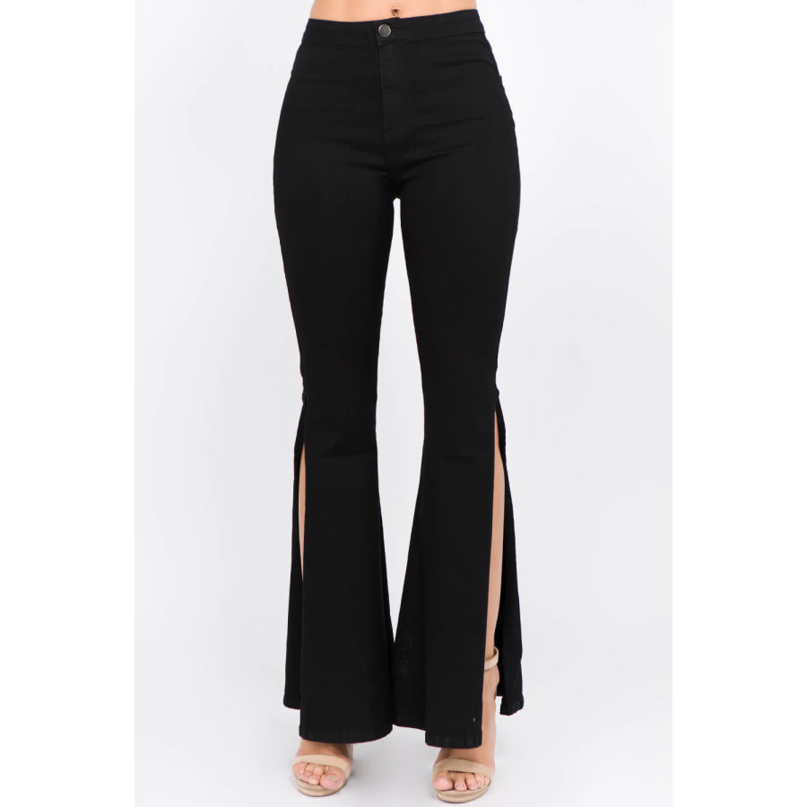 American Bazi Side Slit Flare Jeans Black / S Apparel and Accessories