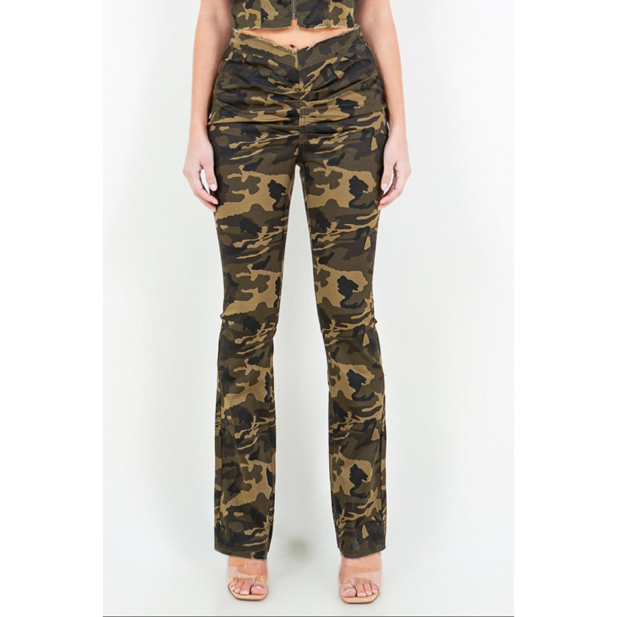 American Bazi V-Cut Ruched Camo Flare Pants Apparel and Accessories