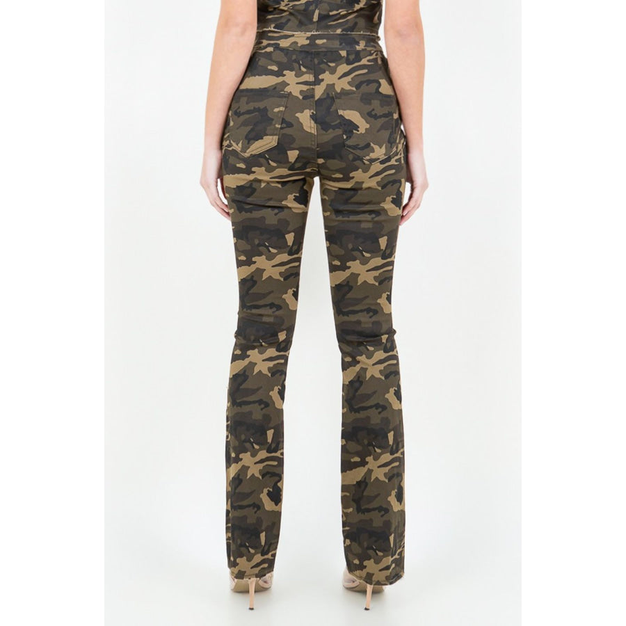 American Bazi V-Cut Ruched Camo Flare Pants Apparel and Accessories