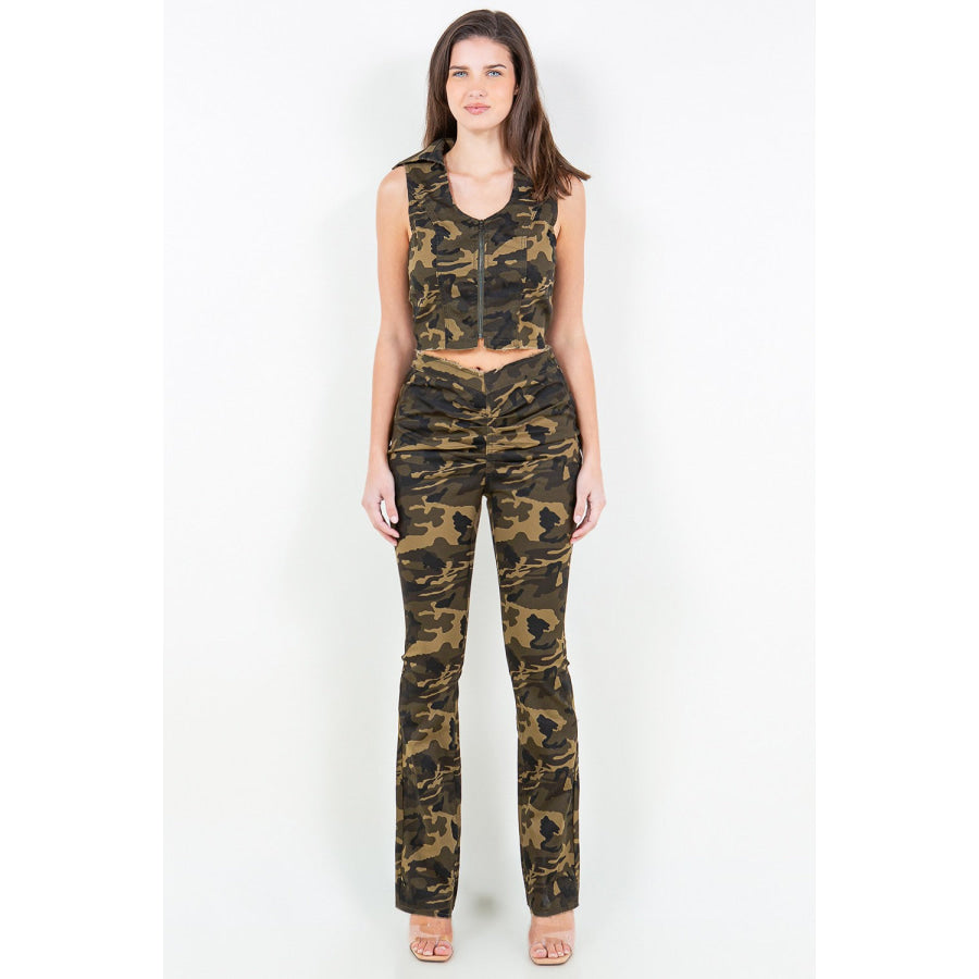 American Bazi V-Cut Ruched Camo Flare Pants Olive Camo / S Apparel and Accessories