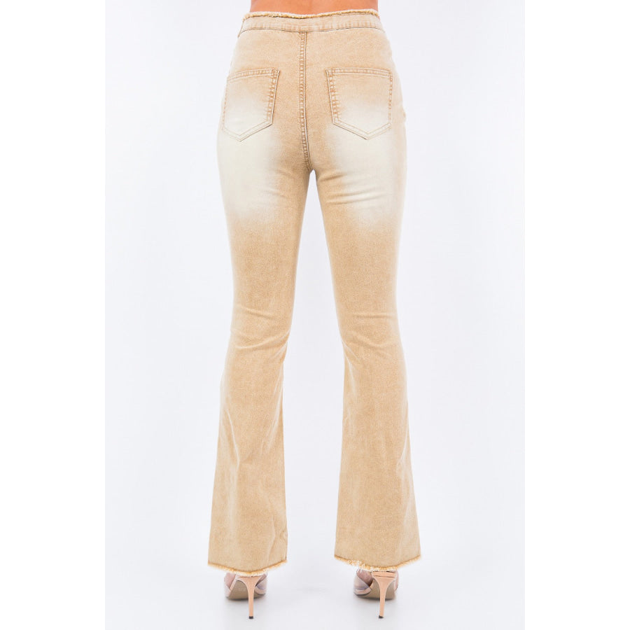 American Bazi V-Cut Ruched Flare Pants Tan / S Apparel and Accessories