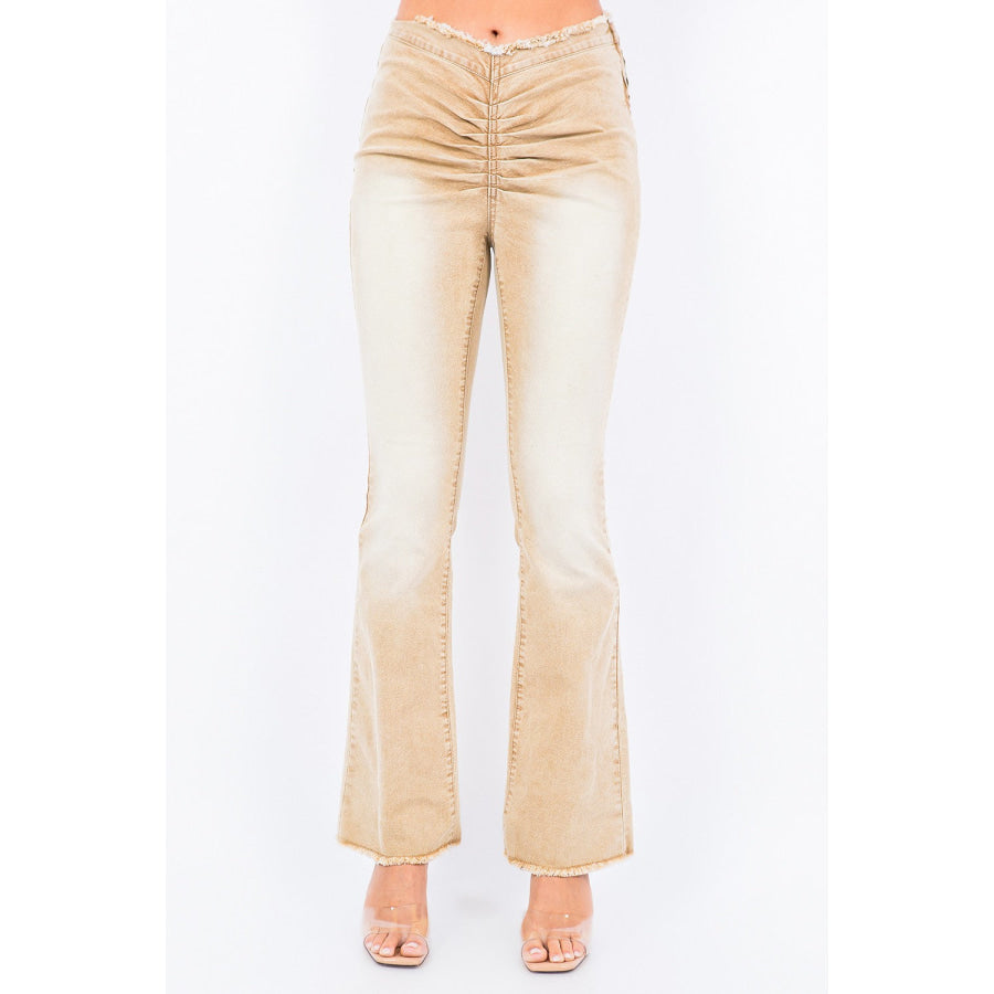 American Bazi V-Cut Ruched Flare Pants Tan / S Apparel and Accessories