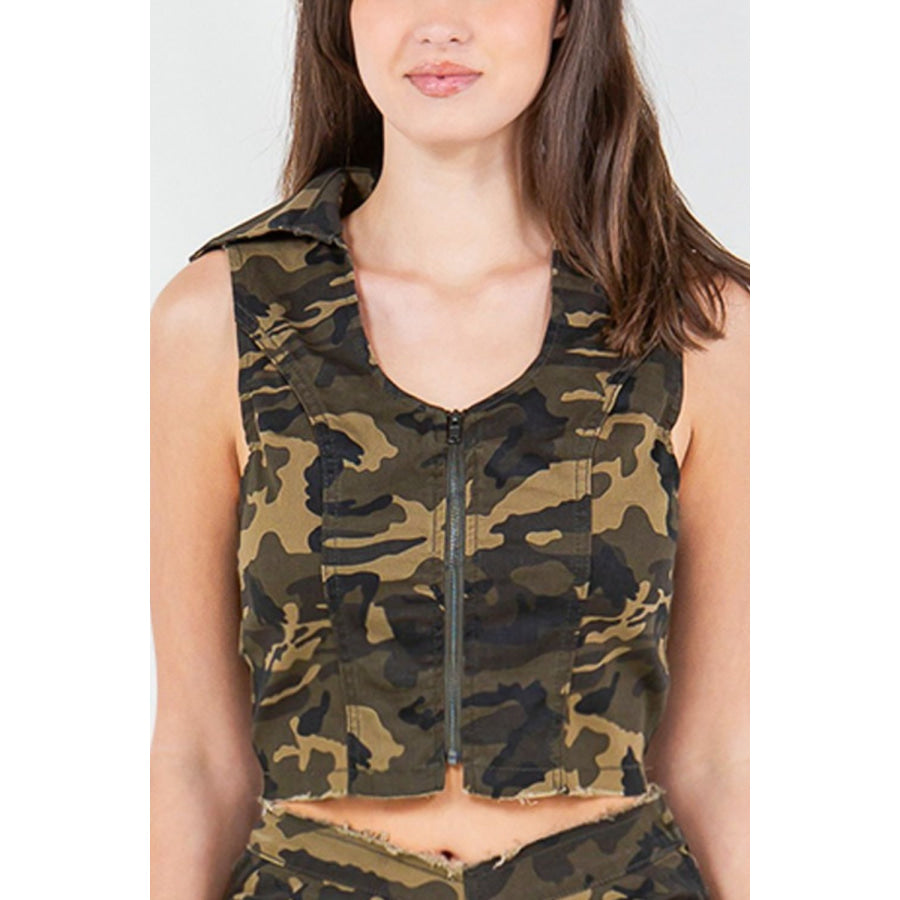 American Bazi Zip Up Camo Crop Denim Vest Apparel and Accessories