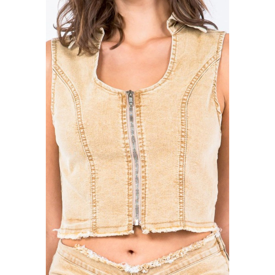 American Bazi Zip Up Washed Crop Denim Vest Apparel and Accessories