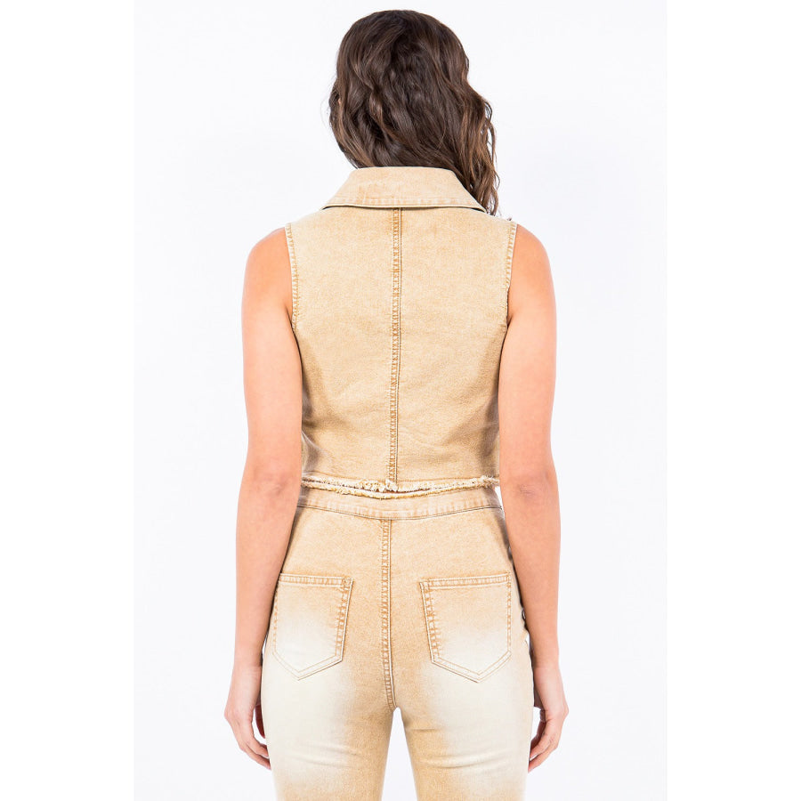 American Bazi Zip Up Washed Crop Denim Vest Tan / S Apparel and Accessories