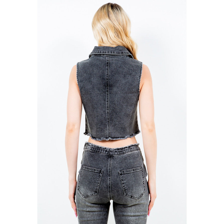 American Bazi Zip Up Washed Crop Denim Vest Black / S Apparel and Accessories