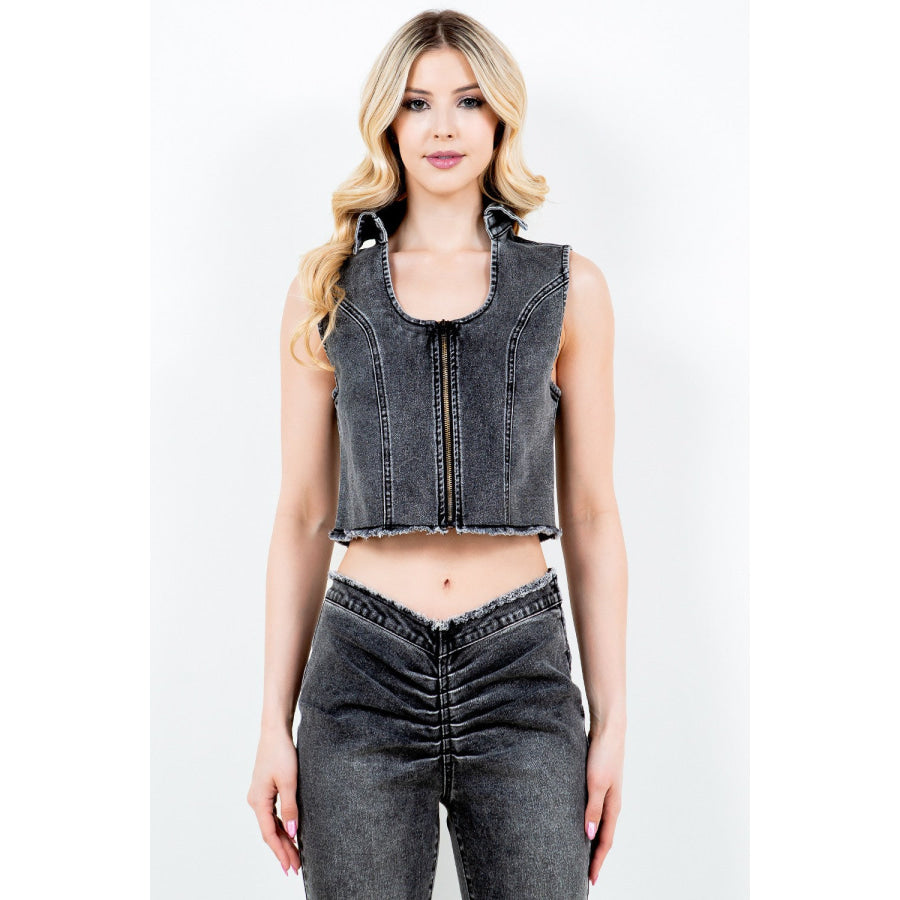 American Bazi Zip Up Washed Crop Denim Vest Black / S Apparel and Accessories