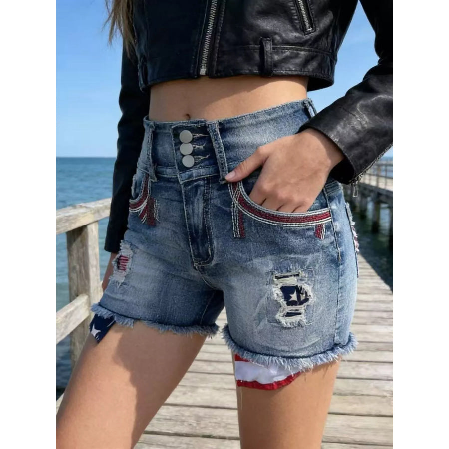American Flag Distressed Denim Shorts Blue / S Apparel and Accessories