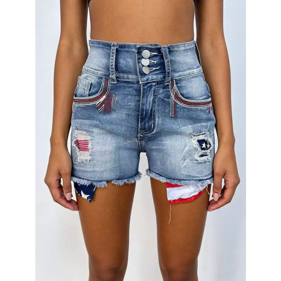 American Flag Distressed Denim Shorts Blue / S Apparel and Accessories
