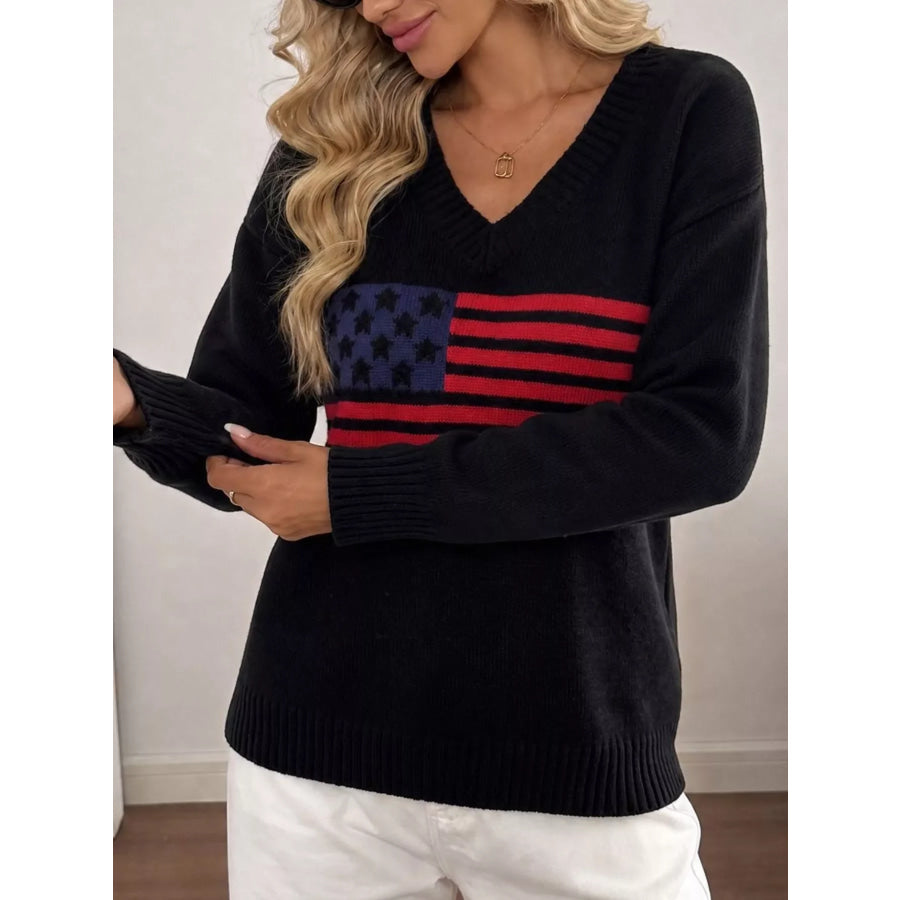American Flag V-Neck Knit Top Black / S Apparel and Accessories