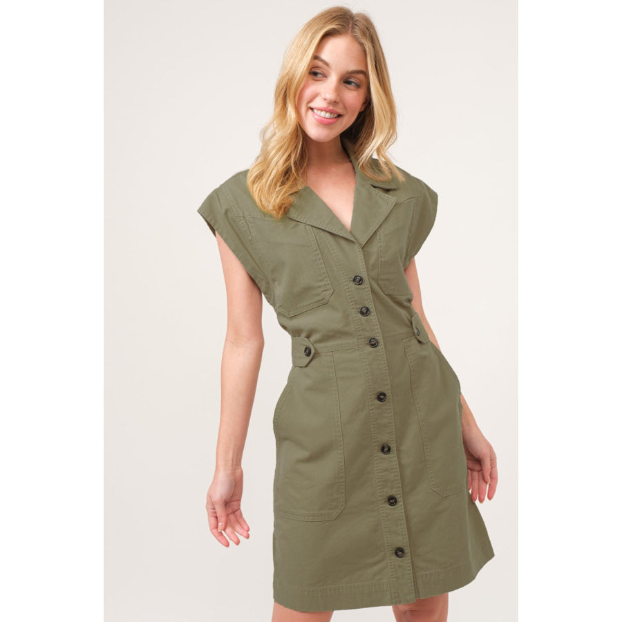 And The Why Button Up Sleeveless Dress Olive / S Apparel and Accessories