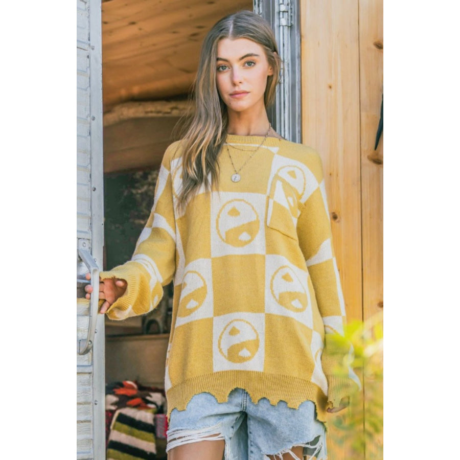 And The Why Checkerboard Sweater with Yin Yang Pattern Mustard / S/M Apparel and Accessories