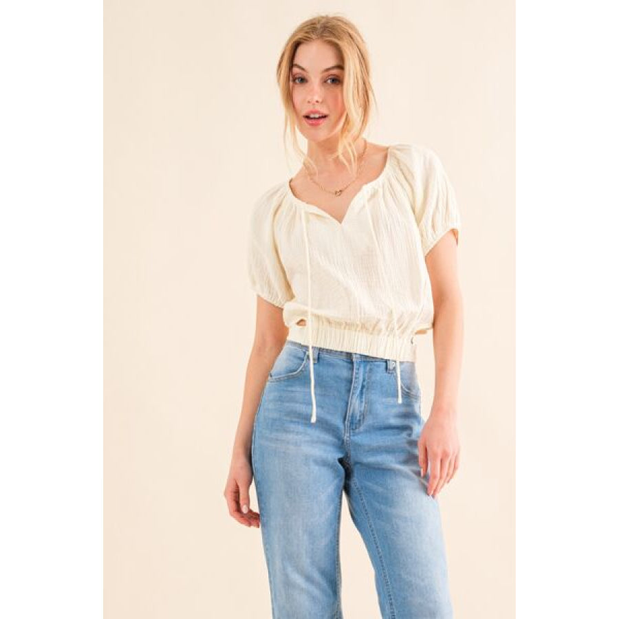And The Why Cotton Gauze Back Waist Tie Cropped Blouse Cream / S Apparel Accessories