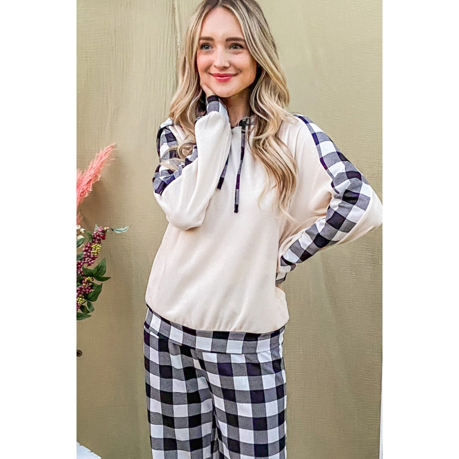 And The Why Drawstring Hooded Top and Plaid Pants Lounge Set White/Black / S Apparel and Accessories